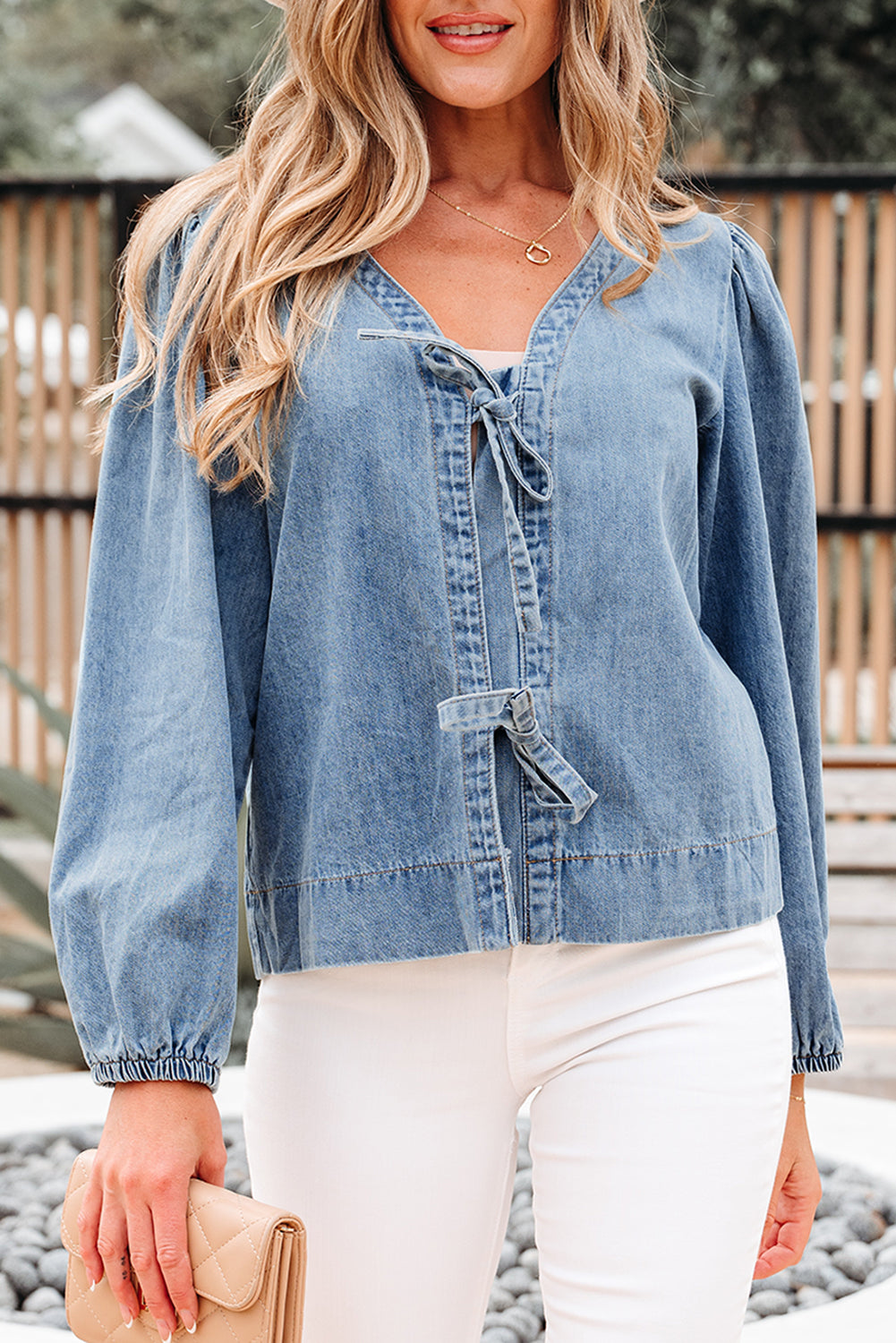 Oakley Tied Front Long Puff Sleeve Denim Top