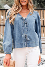 Oakley Tied Front Long Puff Sleeve Denim Top
