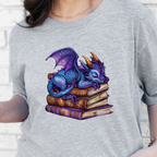 Wholesale Dragon Sleeping on Books Graphic Tee - Purple Dragon on Grey