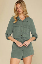 Reese Roll up Sleeve Flap Pockets Drawstring Romper