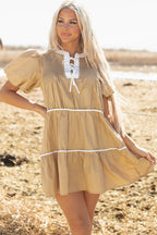 Waverly Pintuck Puff Sleeve Tied Neck Short Dress