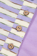 Purple Stripe Patchwork Buttoned Drop Shoulder Plus Size Pullover