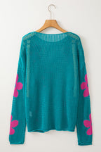 Dulce Big Flower Hollowed Knit Drop Shoulder Sweater