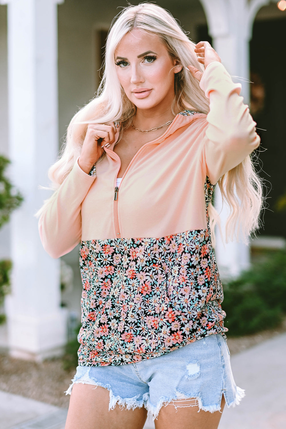Gemma Floral Half Zip Kangaroo Pocket Hoodie