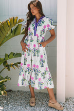 Julietta Floral Puff Short Sleeve V Neck High Waist Maxi Dress