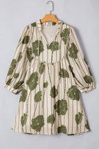 Angie Floral Striped Piping Puff Sleeve Dress