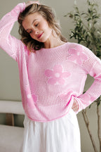Dulce Big Flower Hollowed Knit Drop Shoulder Sweater