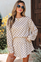 Emily Checkered Long Sleeve High Waist Skort 2pcs Set