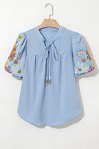 Hadlee Floral Embroidered Puff Sleeve Split Neck Blouse