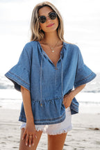 Liv Denim Ruffled Sleeve Lace up Front Peplum Top