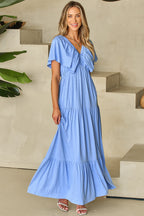 Kelsey Textured Flutter Sleeve Ruffled Maxi Dress