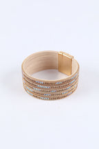 Gold Full Diamond Leather Wide Edge Magnetic Buckle Bracelet