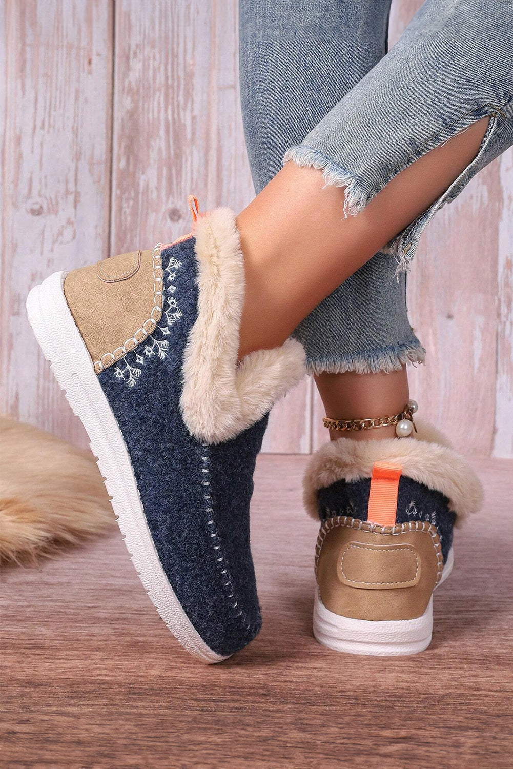 Anna Suede Stitching Plush Lined Anklet Boots