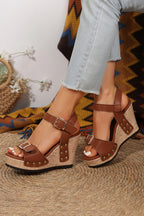 Elli Rivet Buckle Closure Wedge Sandals