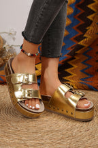 Dual Buckle Studded Platform Sandal Slippers