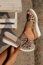Floral Print Braided Details Wedge Slippers