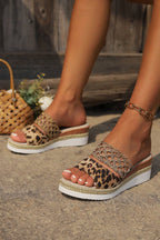 Floral Print Braided Details Wedge Slippers