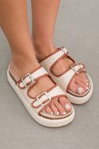 Beige Linen Dual Buckle Strap Thick Sole Slippers