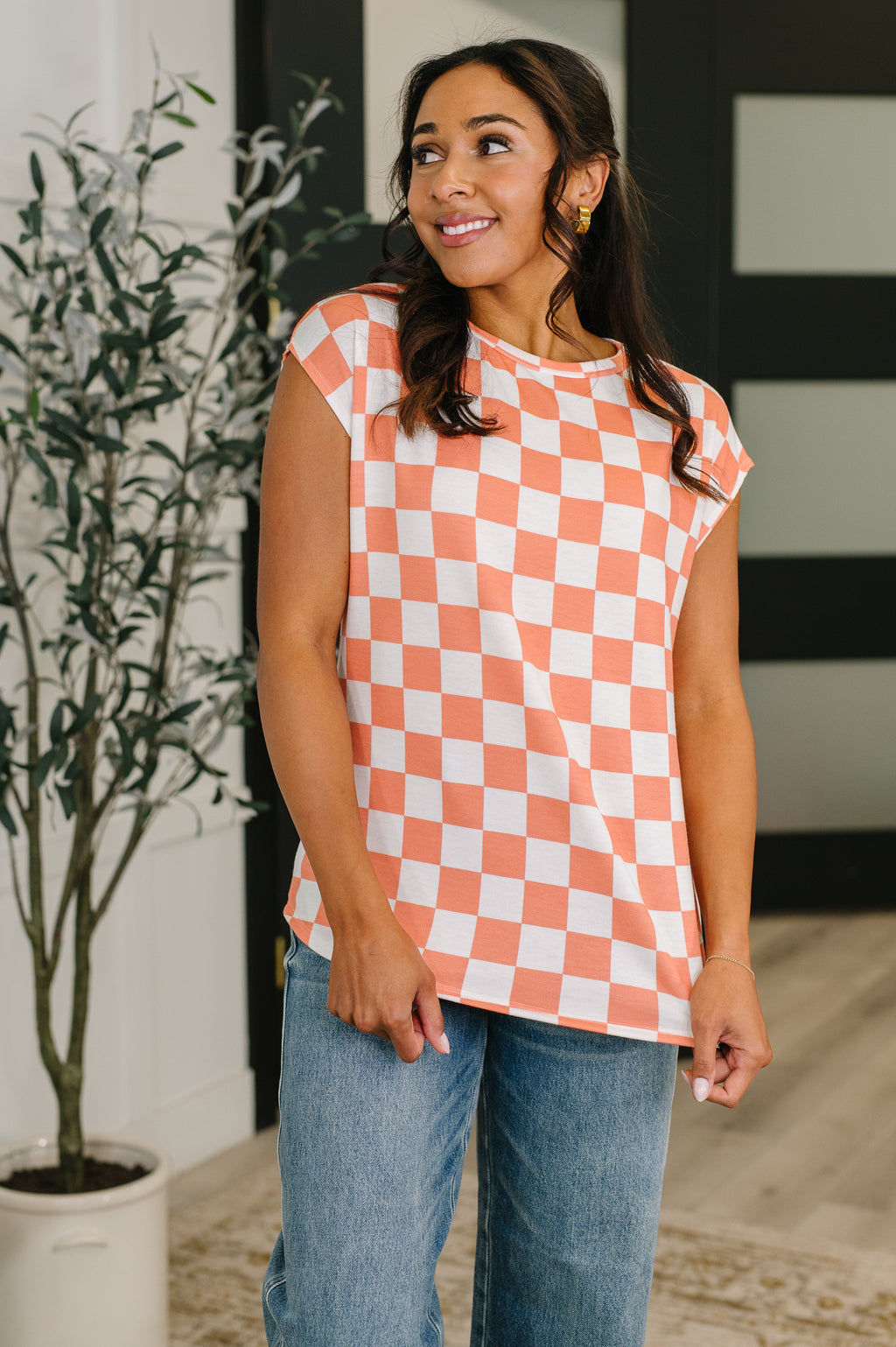 Check Hers Round Neck Top in Orange