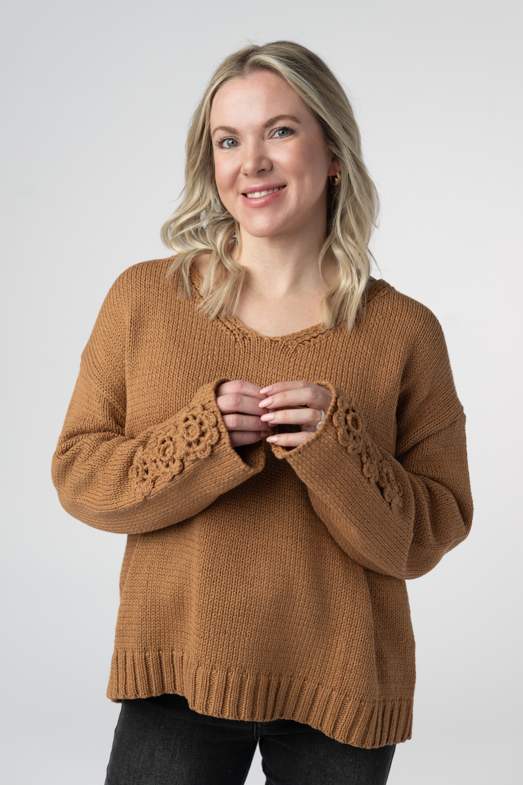 IN STOCK Crochet Sleeve Top - Camel