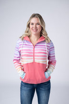 IN STOCK Classic Halfzip Hoodie - Rainbow Stripes and Sun Kissed Coral