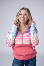 IN STOCK Classic Halfzip Hoodie - Rainbow Stripes and Sun Kissed Coral