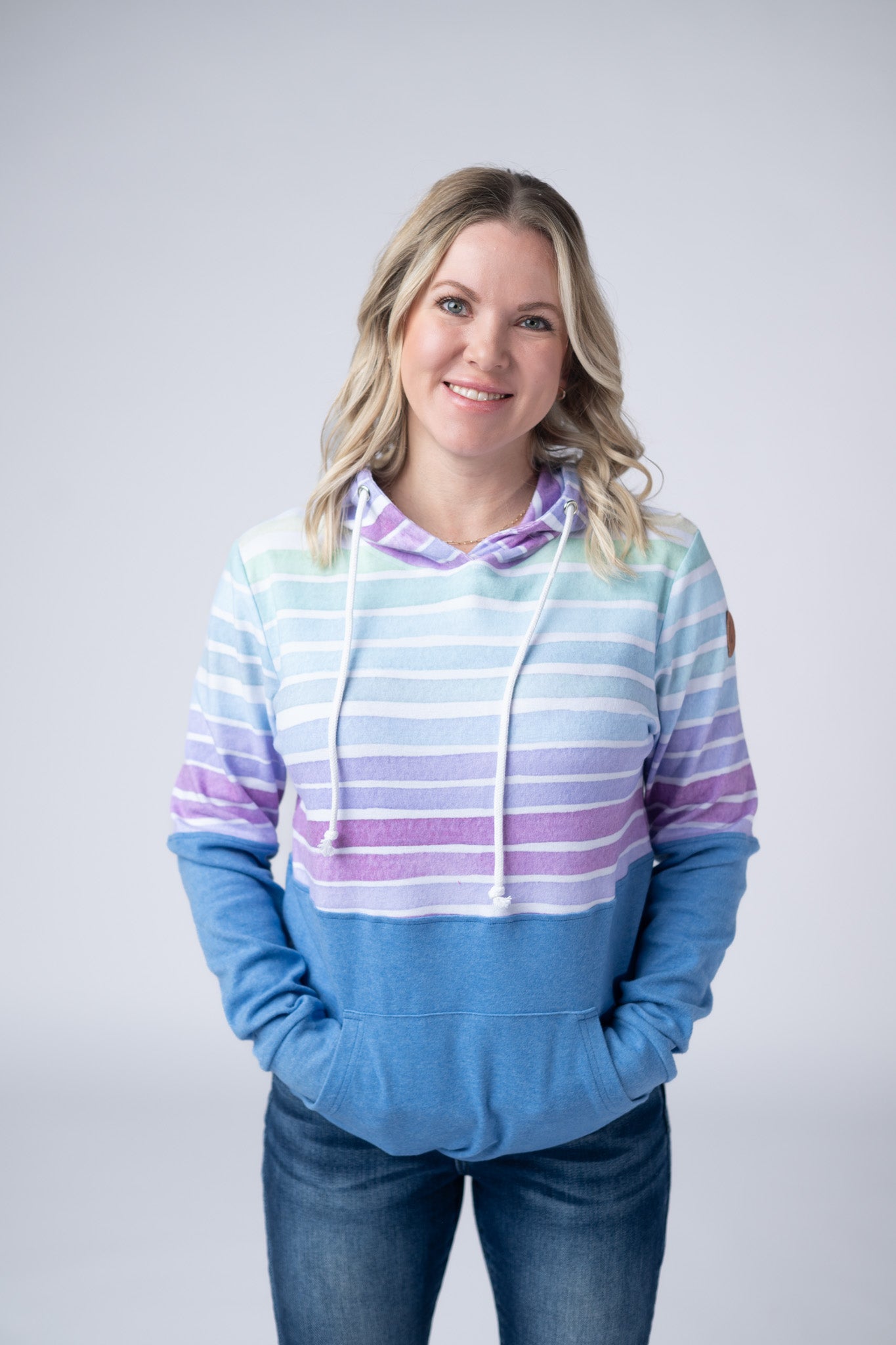 IN STOCK Hailey Pullover Hoodie - Rainbow Stripes and Blue