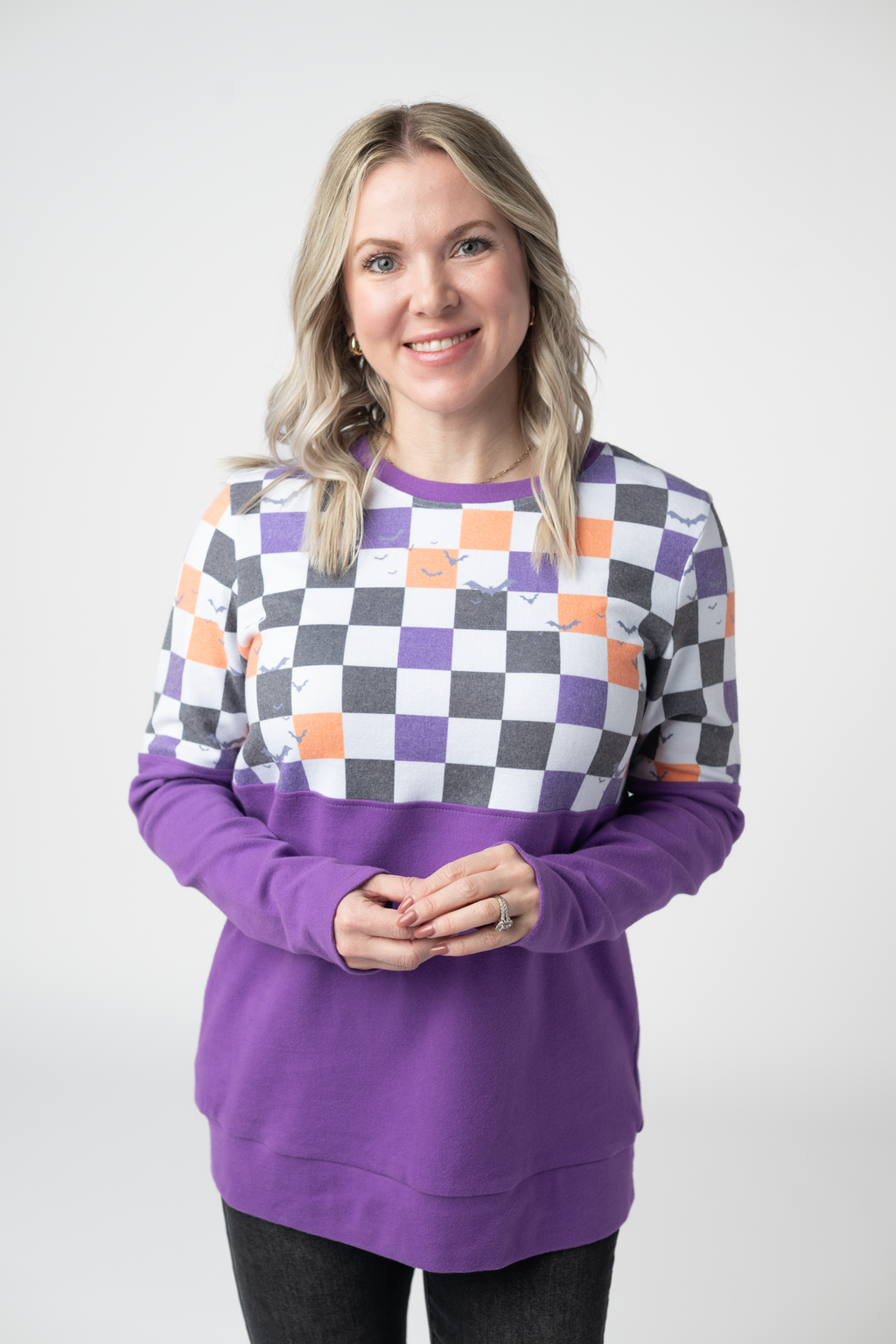 IN STOCK Natalie Pullover - Checkered Bats and Purple