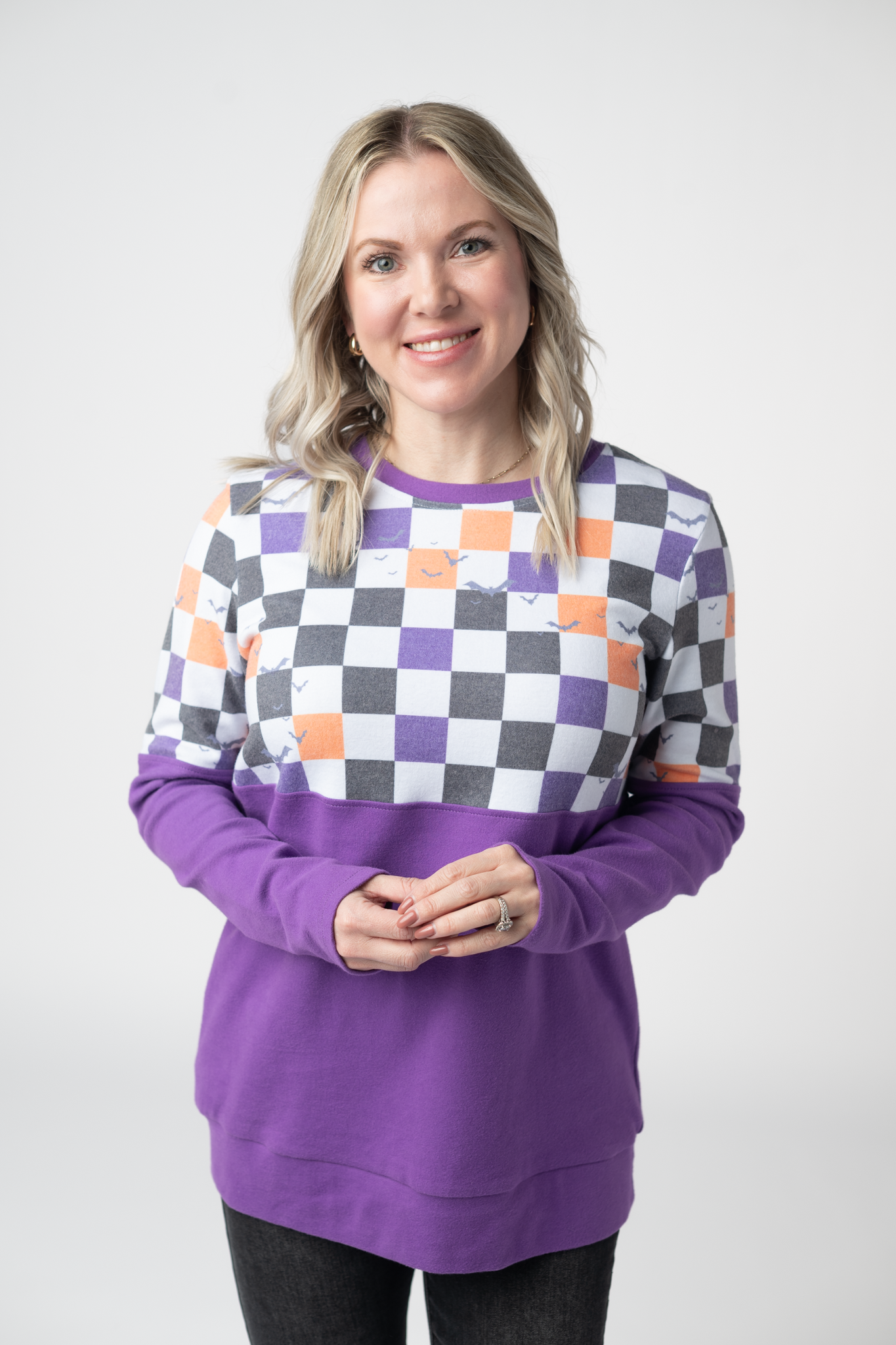 IN STOCK Natalie Pullover - Checkered Bats and Purple