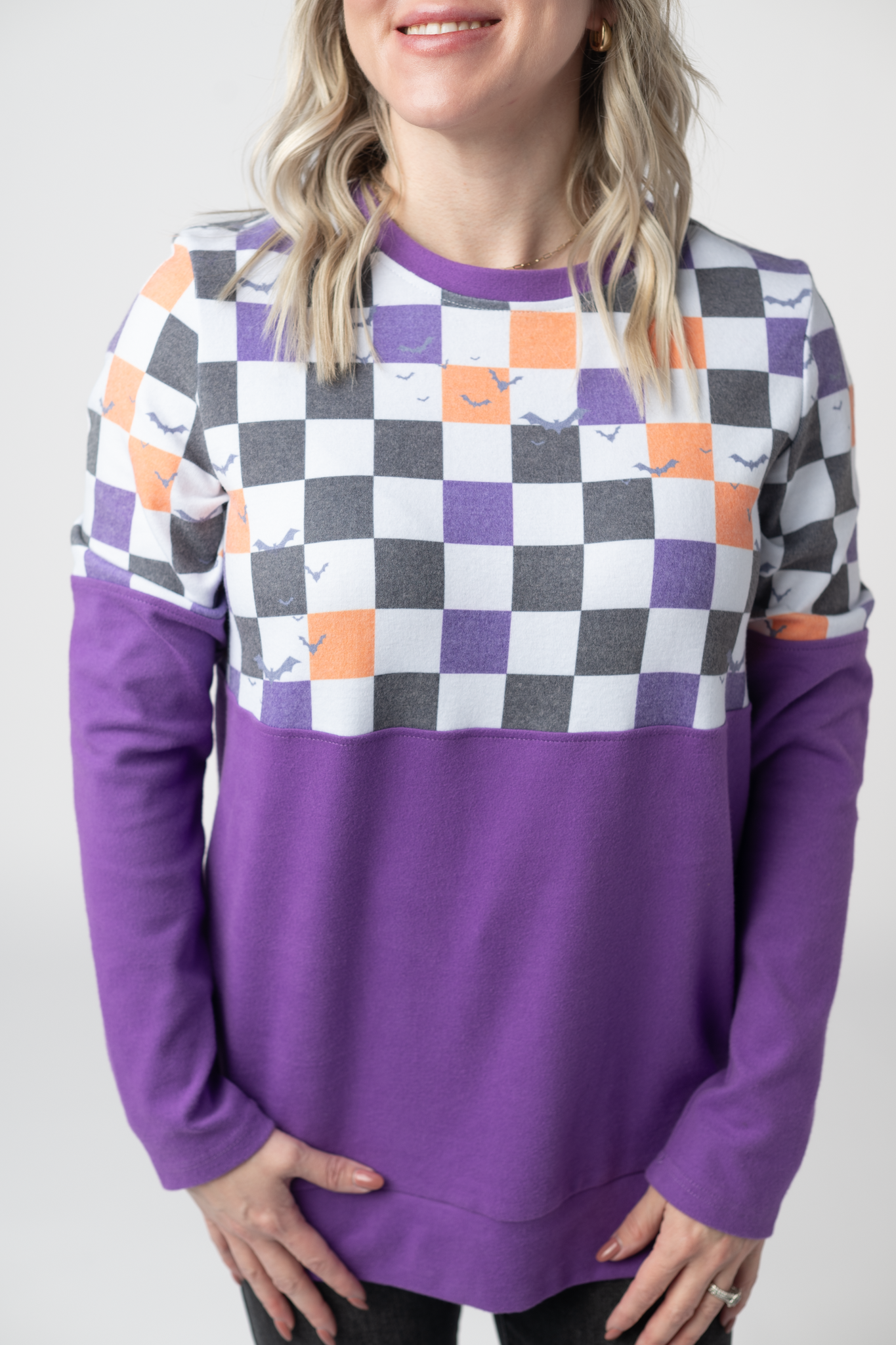 IN STOCK Natalie Pullover - Checkered Bats and Purple