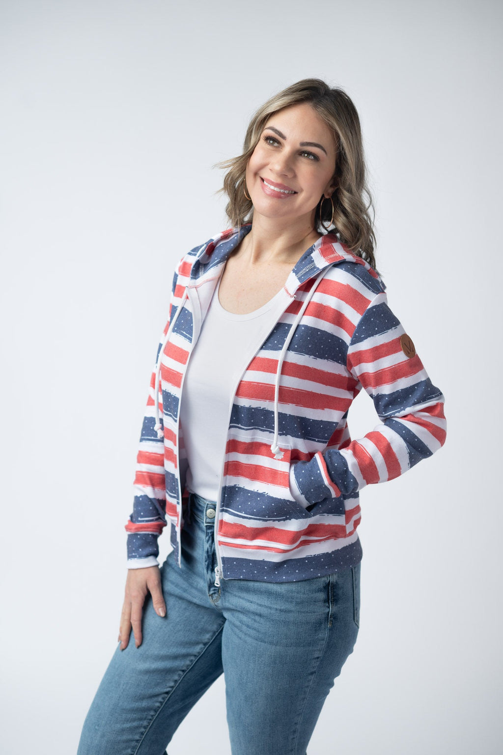 IN STOCK Fullzip Hoodie - Striped Red, White, and Micro Blue Stars FINAL SALE