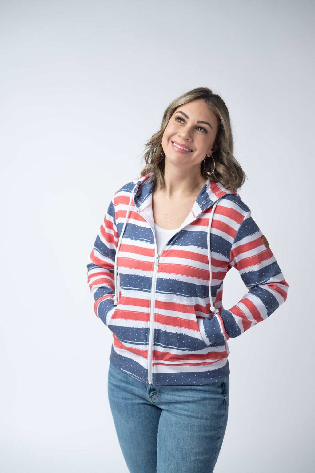 IN STOCK Fullzip Hoodie - Striped Red, White, and Micro Blue Stars FINAL SALE