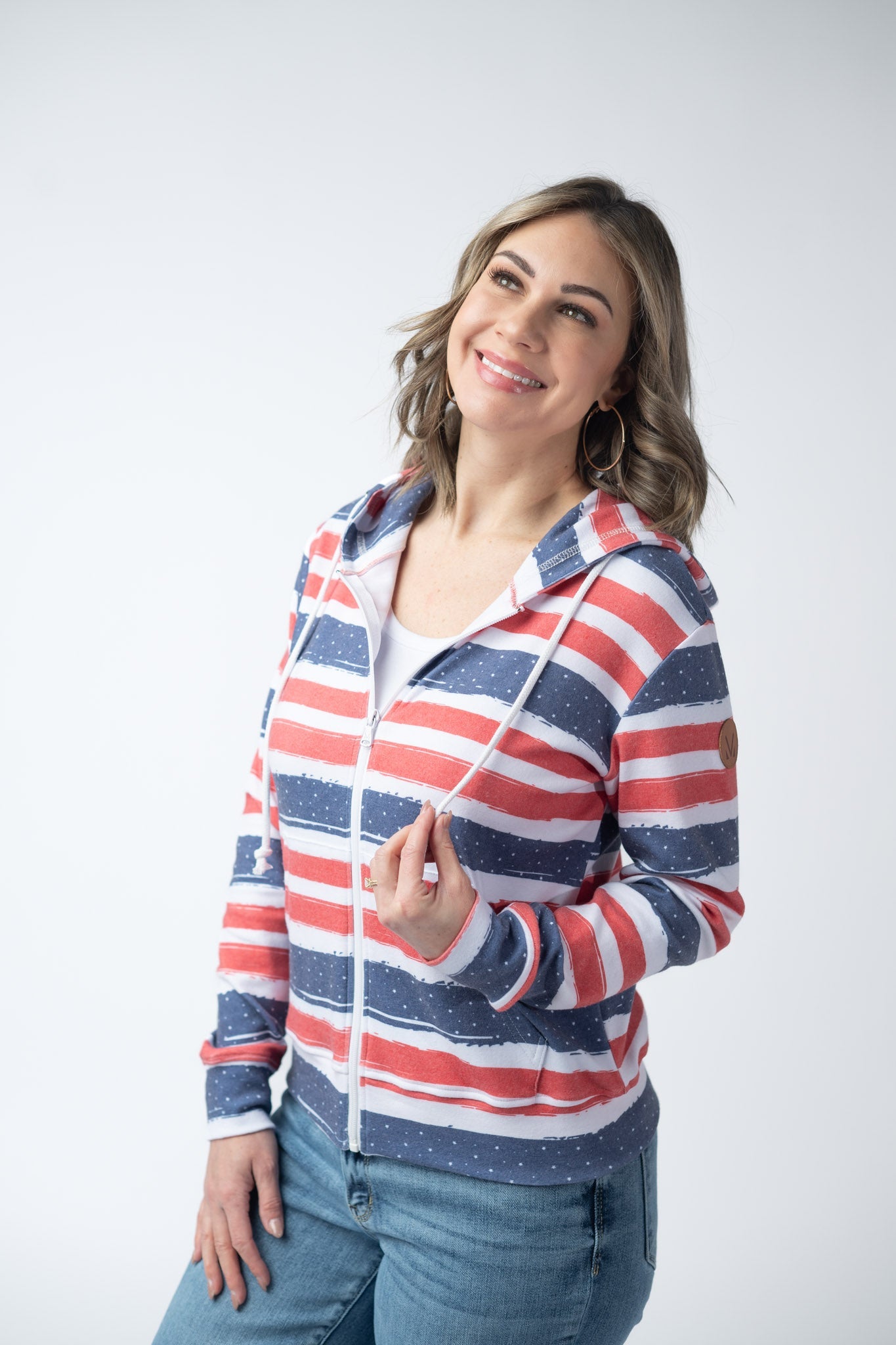 IN STOCK Fullzip Hoodie - Striped Red, White, and Micro Blue Stars FINAL SALE