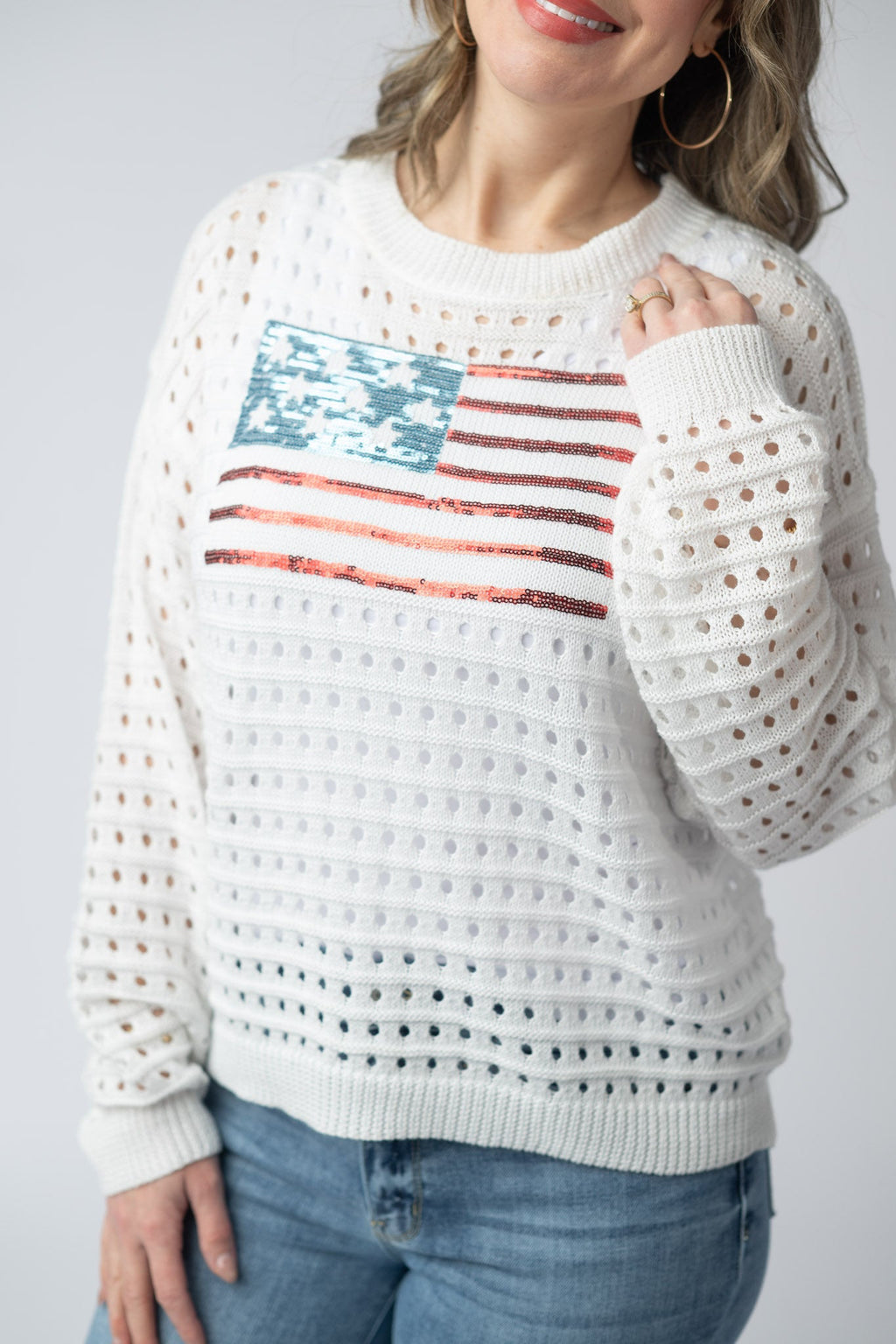 IN STOCK USA Sequin Flag Open Knit Pullover FINAL SALE