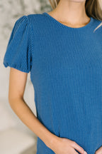 Grace & Virtue Balloon Sleeve Blouse in Ocean Blue