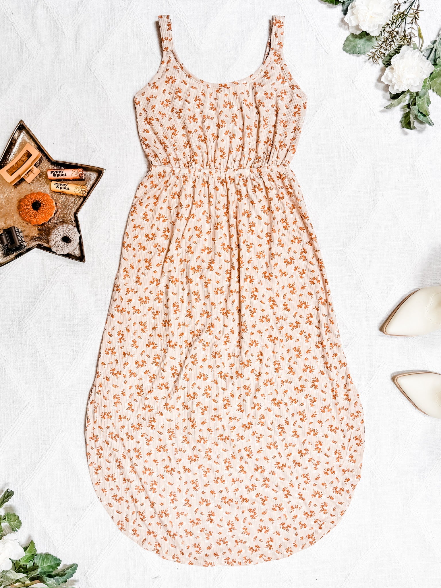 IN STOCK Reagan Ribbed Midi Dress - Sand and Rust Floral
