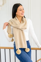 Knitted Fuzzy Pom Pom Scarf In Beige
