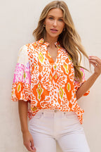 Armani Leopard Puff Sleeve Split Neck Blouse