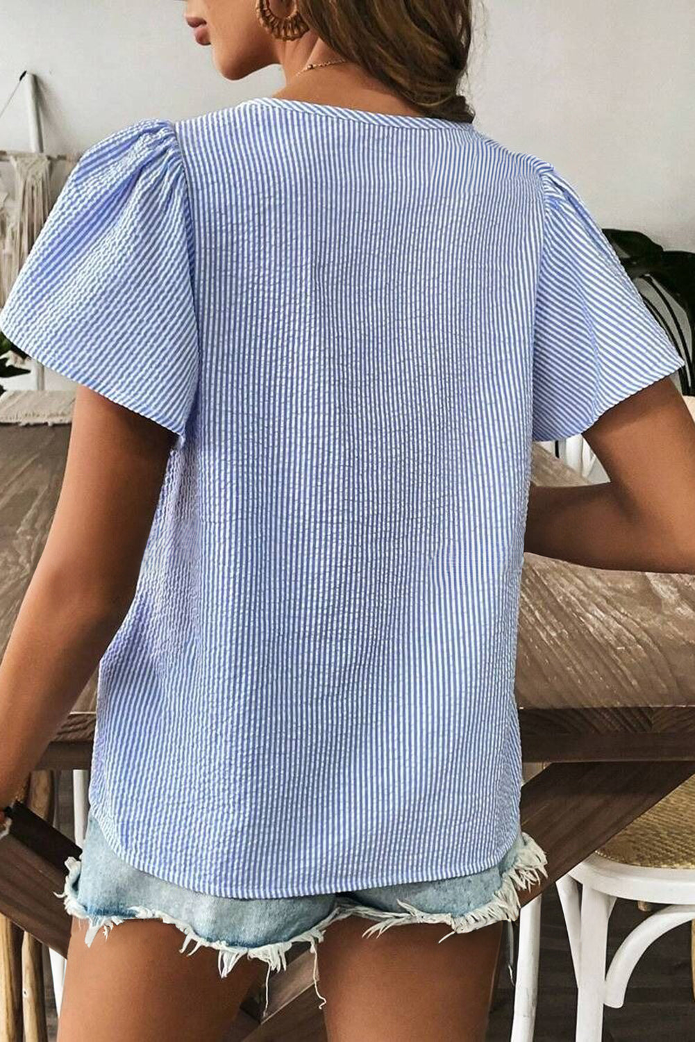 Marisol Stripe Textured Ruffle Square Neck Blouse