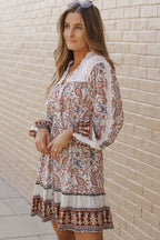 Maeve Lace Splicing Split Neck Paisley Ruffle Mini Dress