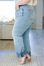 Miranda High Rise Plaid Cuff Vintage Straight Jeans