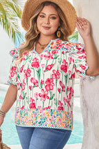 Kiara Plus Size Floral Striped Trim V Neck Blouse