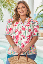 Kiara Plus Size Floral Striped Trim V Neck Blouse