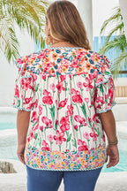 Kiara Plus Size Floral Striped Trim V Neck Blouse
