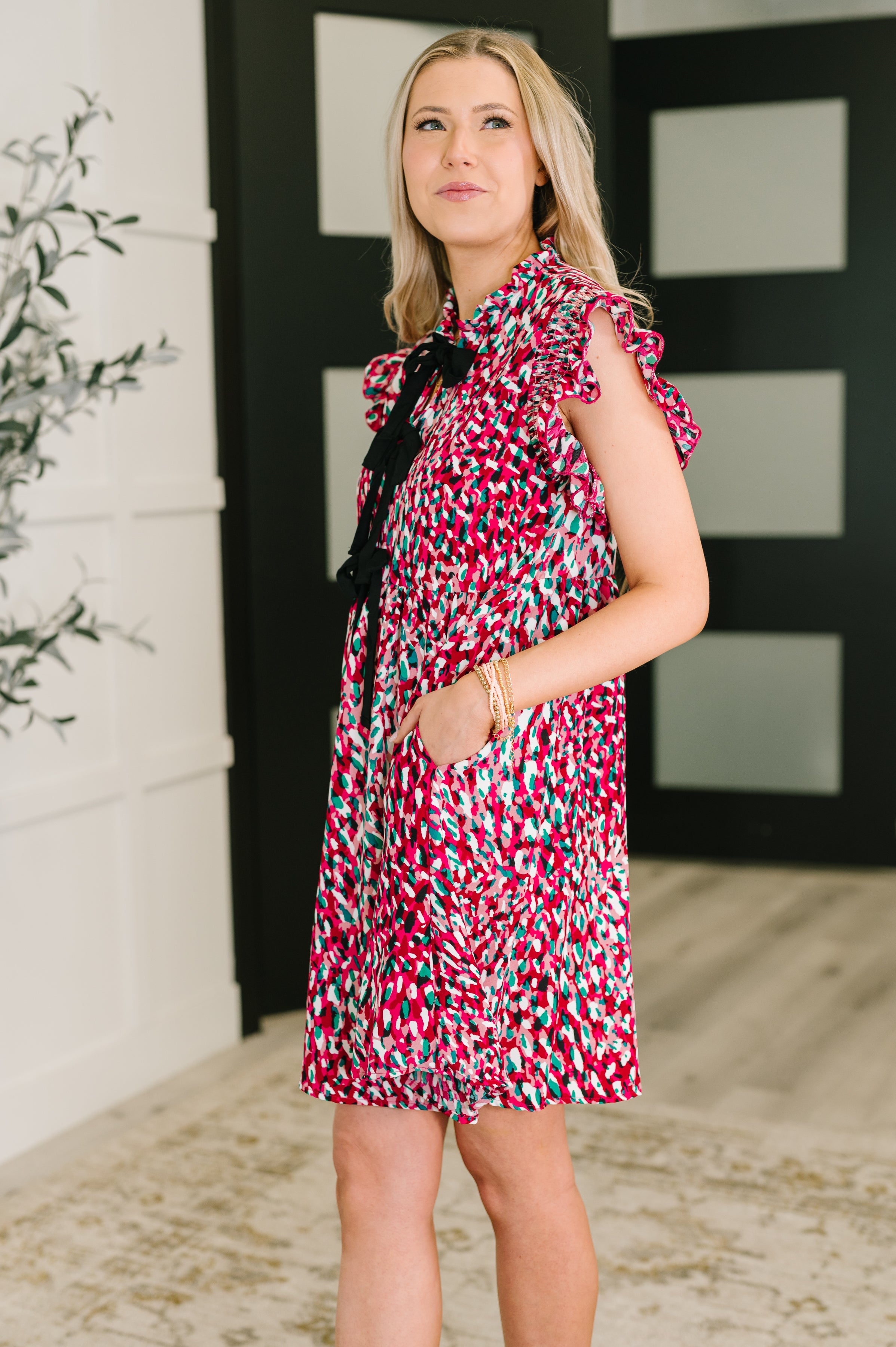 Pattern Pending Bow Detail Dress in Fuchsia and Black