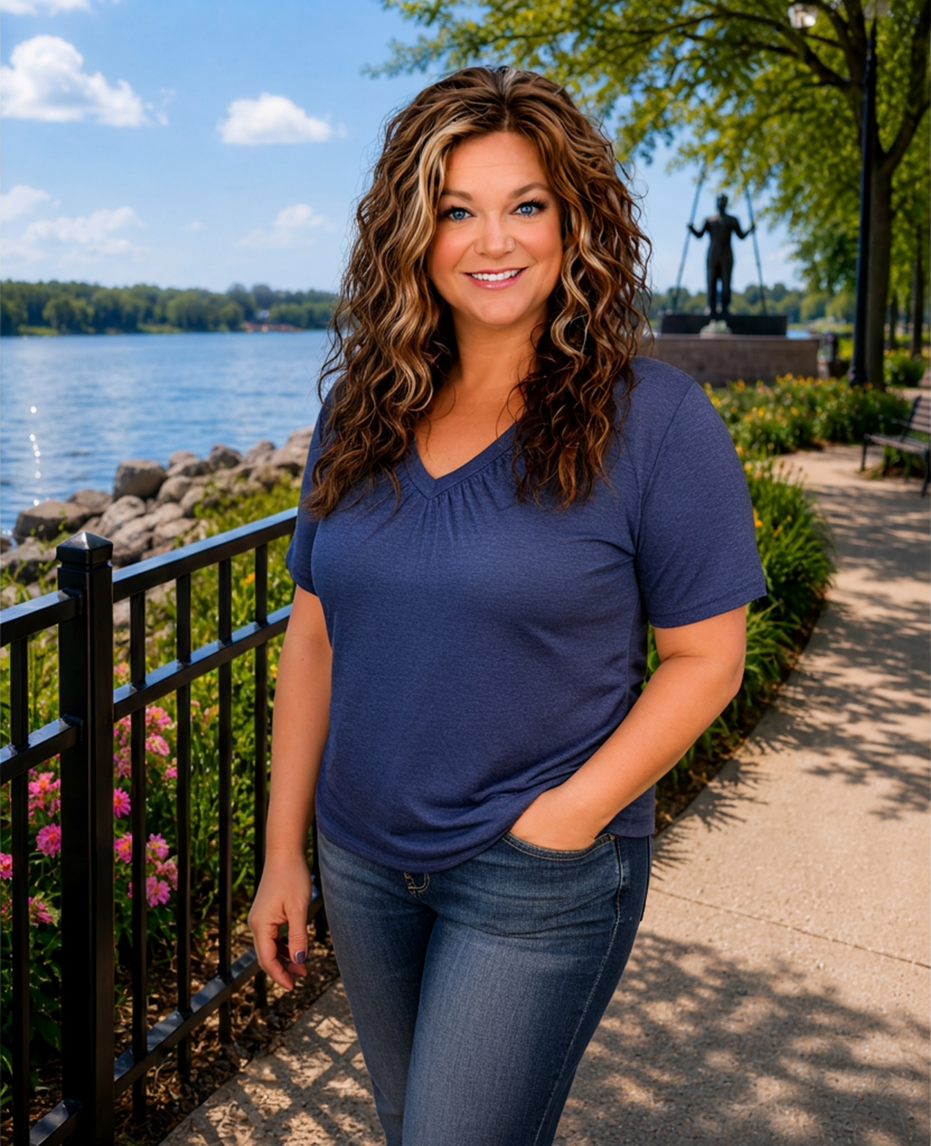 Olivia - Heathered Blue Gathered V Neck Tee with Banded Hem (Copy)
