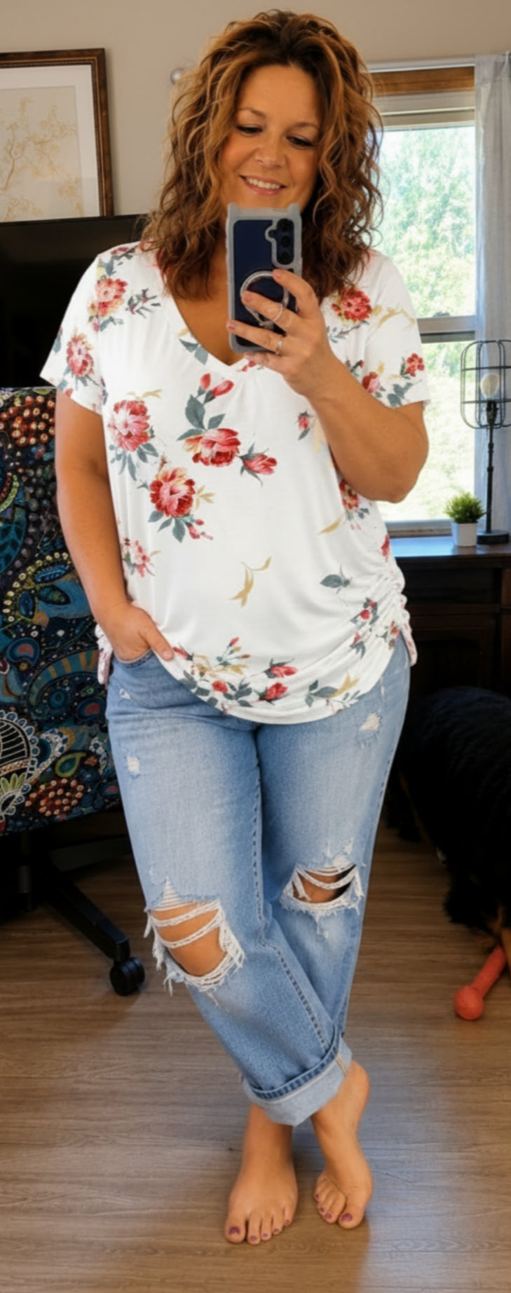 Abby- V Neck Floral with Ruched Hem