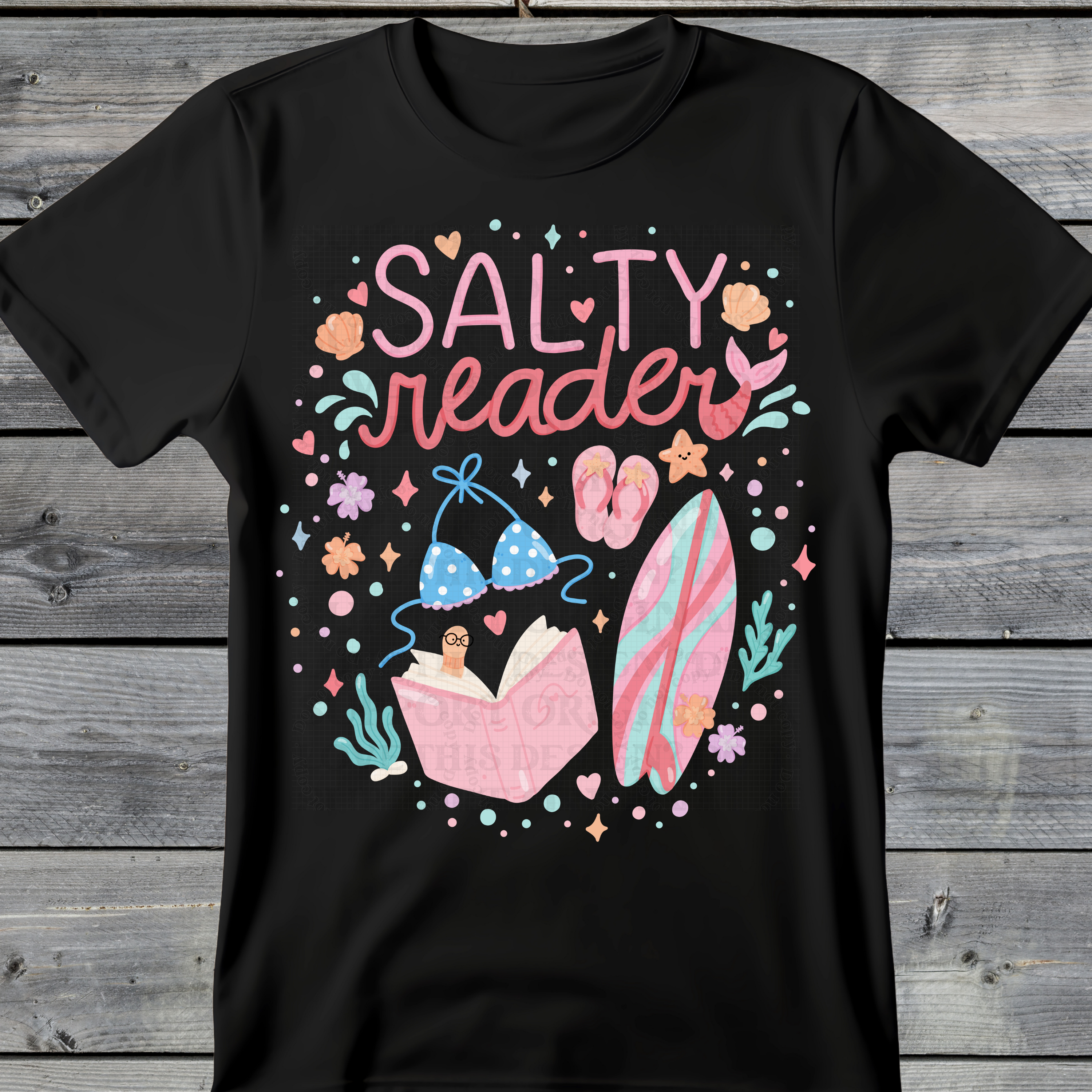 Wholesale Summer Fun Collab Graphic Tee Collection - Salty Reader Black Tee