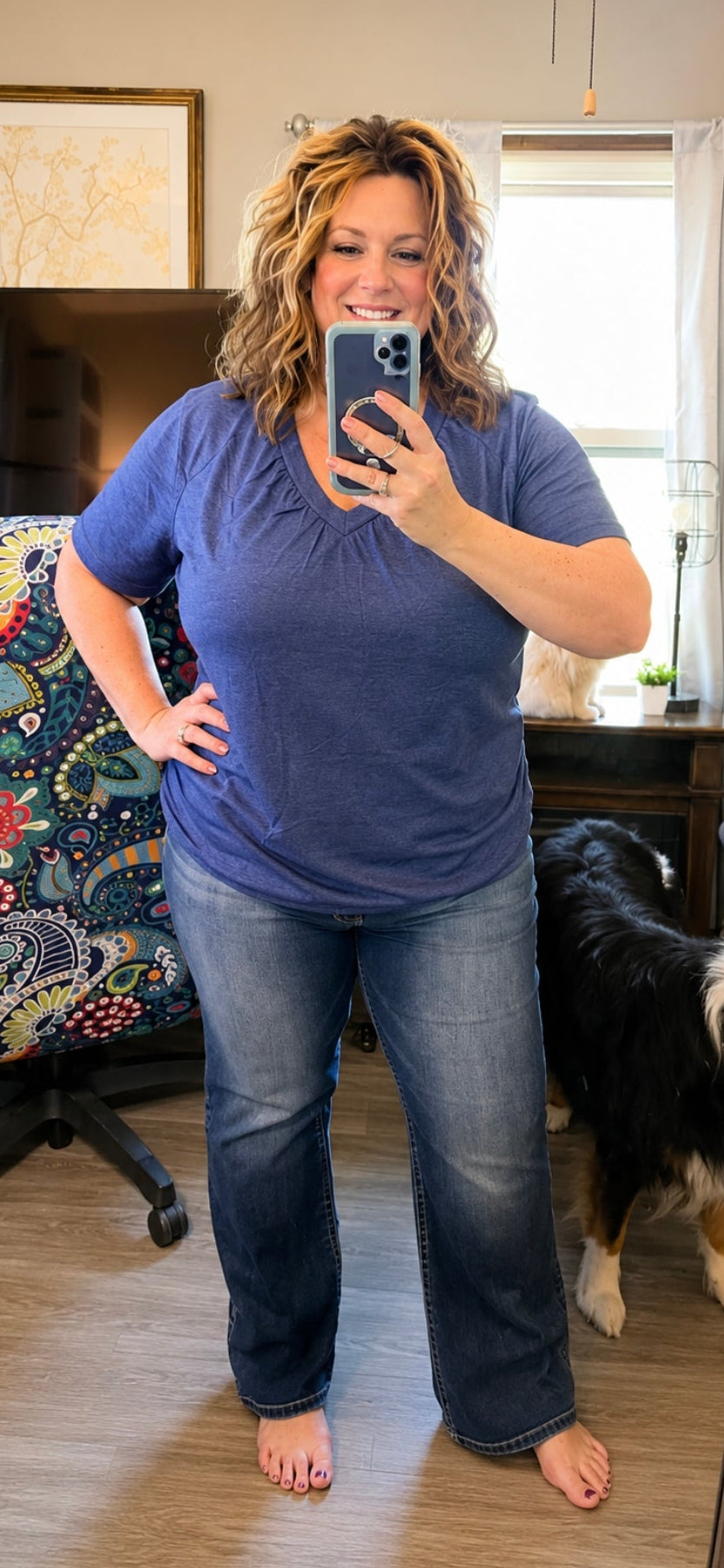 Olivia - Heathered Blue Gathered V Neck Tee with Banded Hem (Copy)