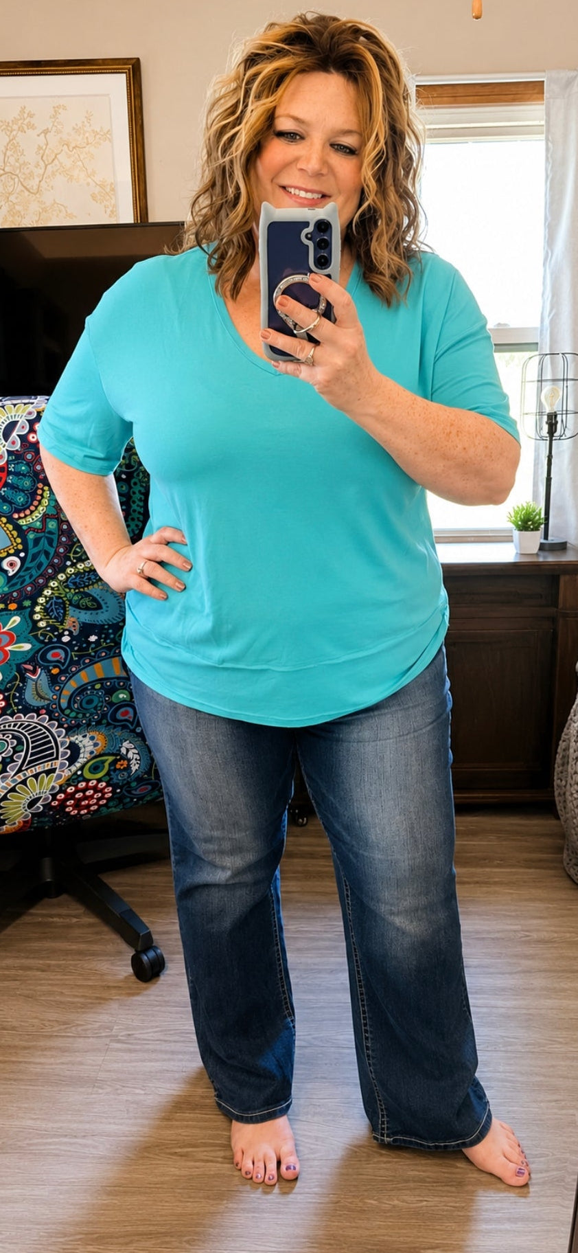 Anna- Turquoise V Neck Hem Detail Top